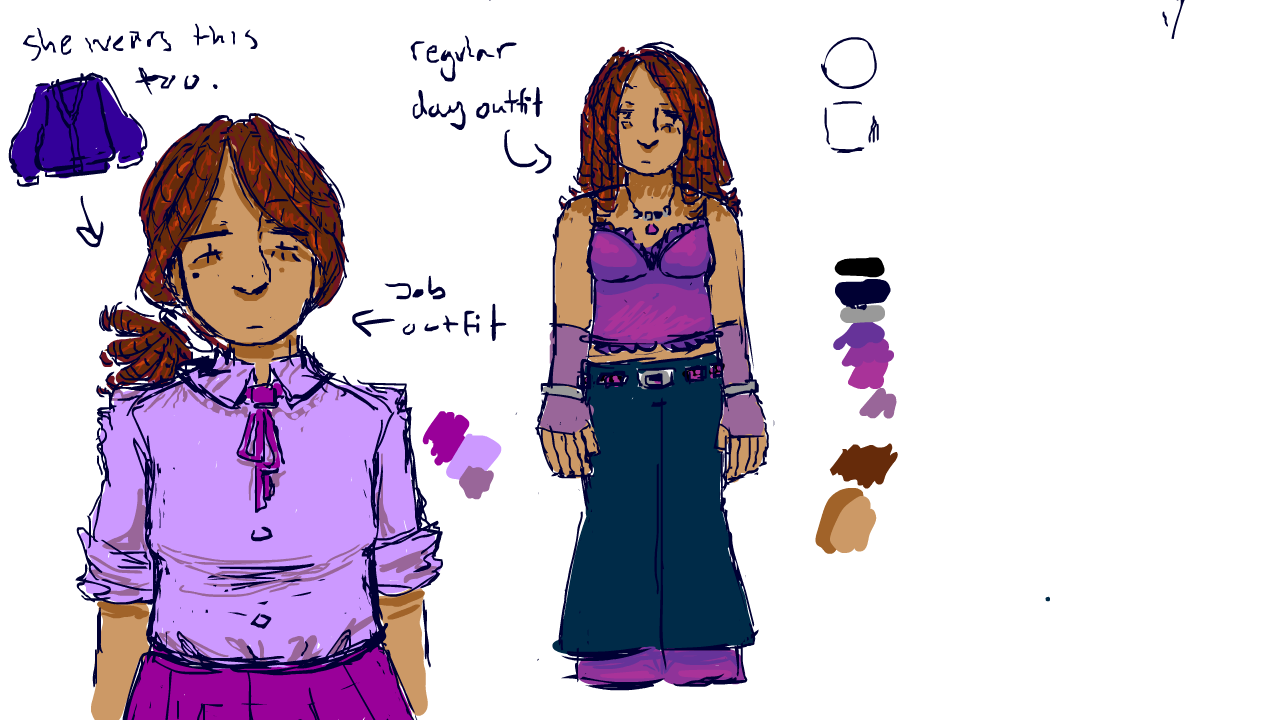  girl with warm, brown, curly hair, tan skin, and a very obvious love for purple, shown in her clothes.